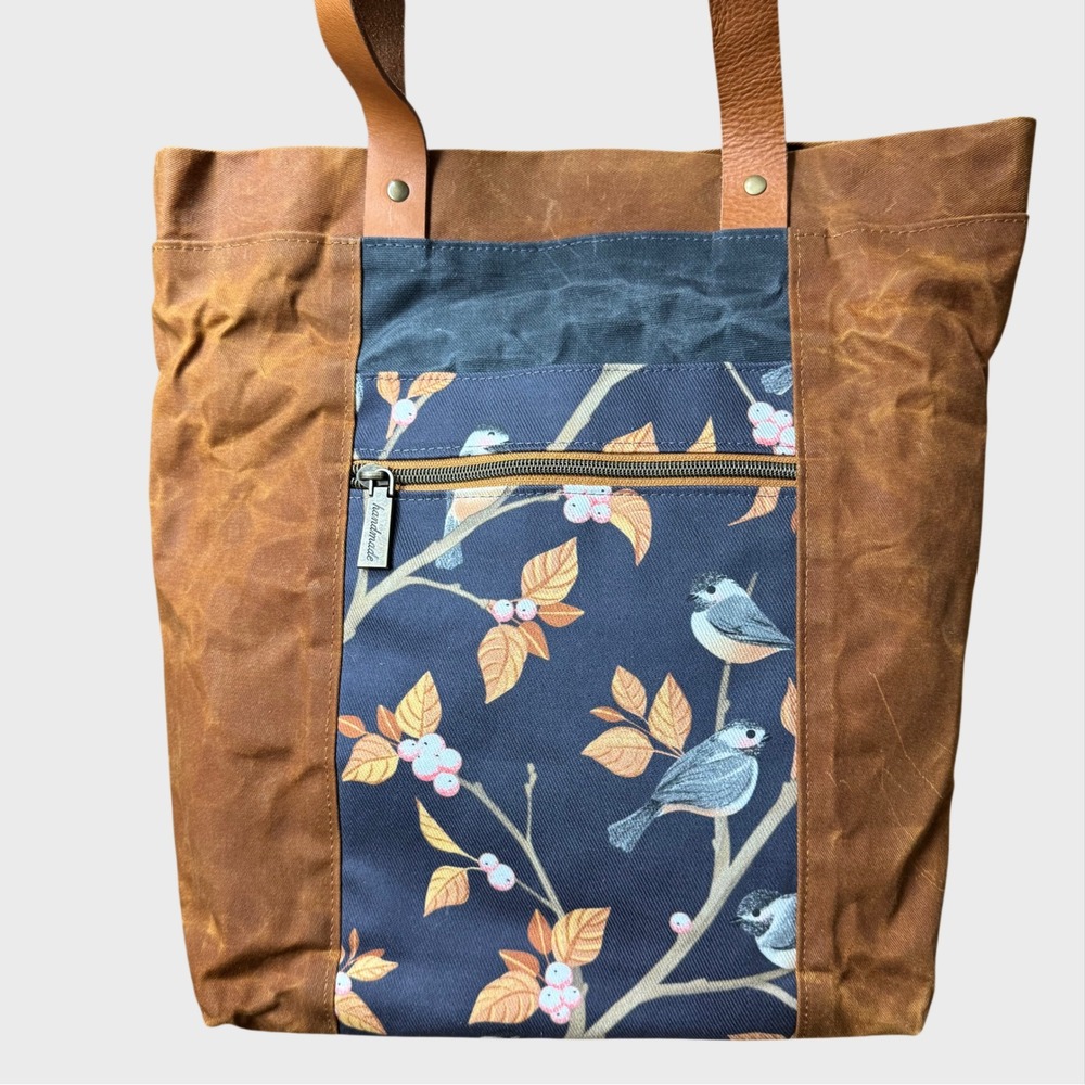Waxed Canvas and Leather Tote Bag Cute Birds In Tree Cottage Core Reusable - Picture 2 of 10